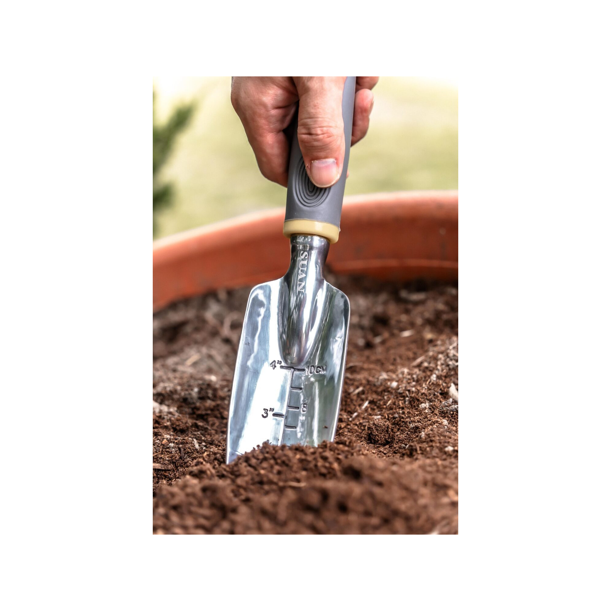 Lot de 3 outils de jardin - Suan - Fourche, râteau à fleurs et transplantoir - En aluminium
