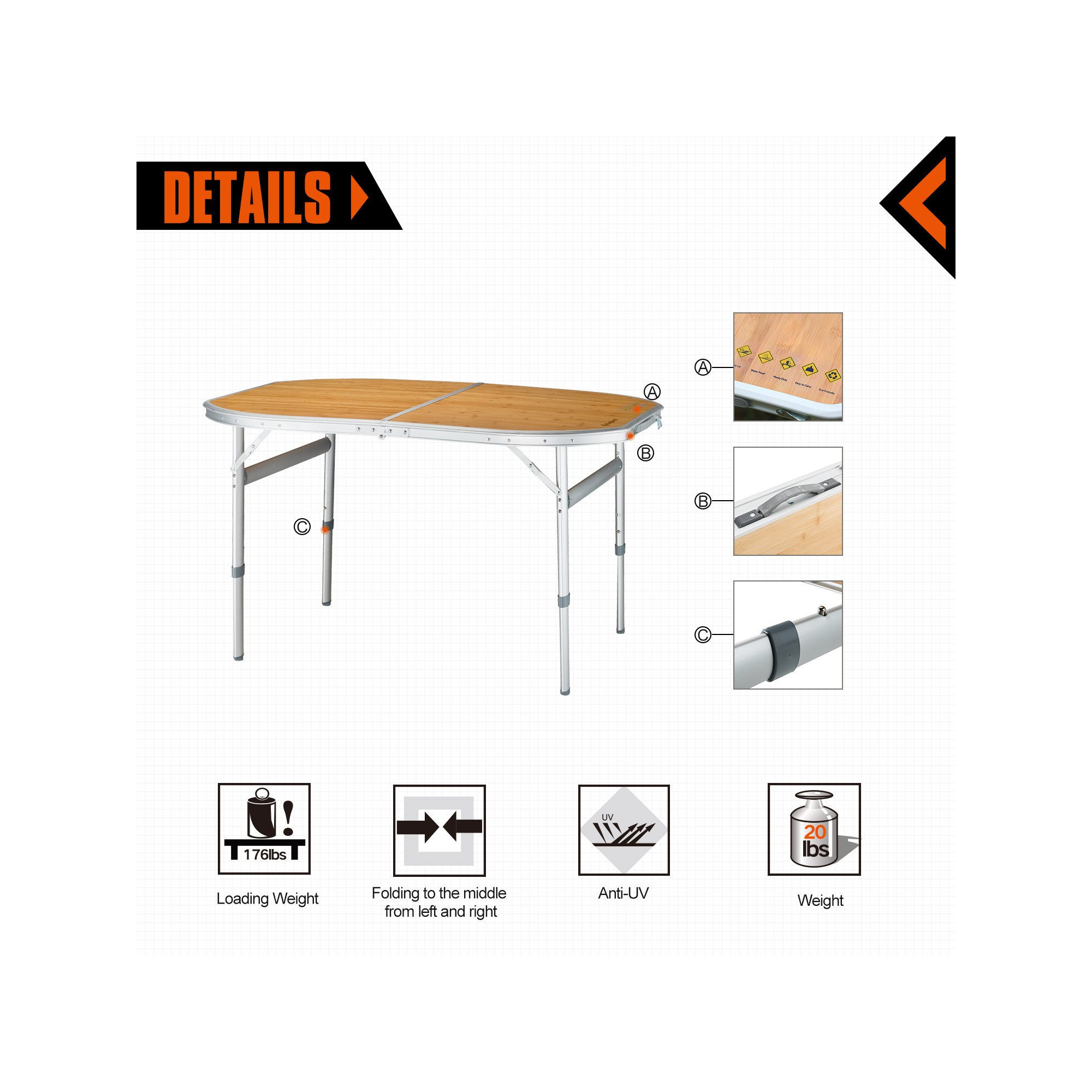 Table de camping pliable avec poignée de transport - Kingcamp - Forme arrondie
