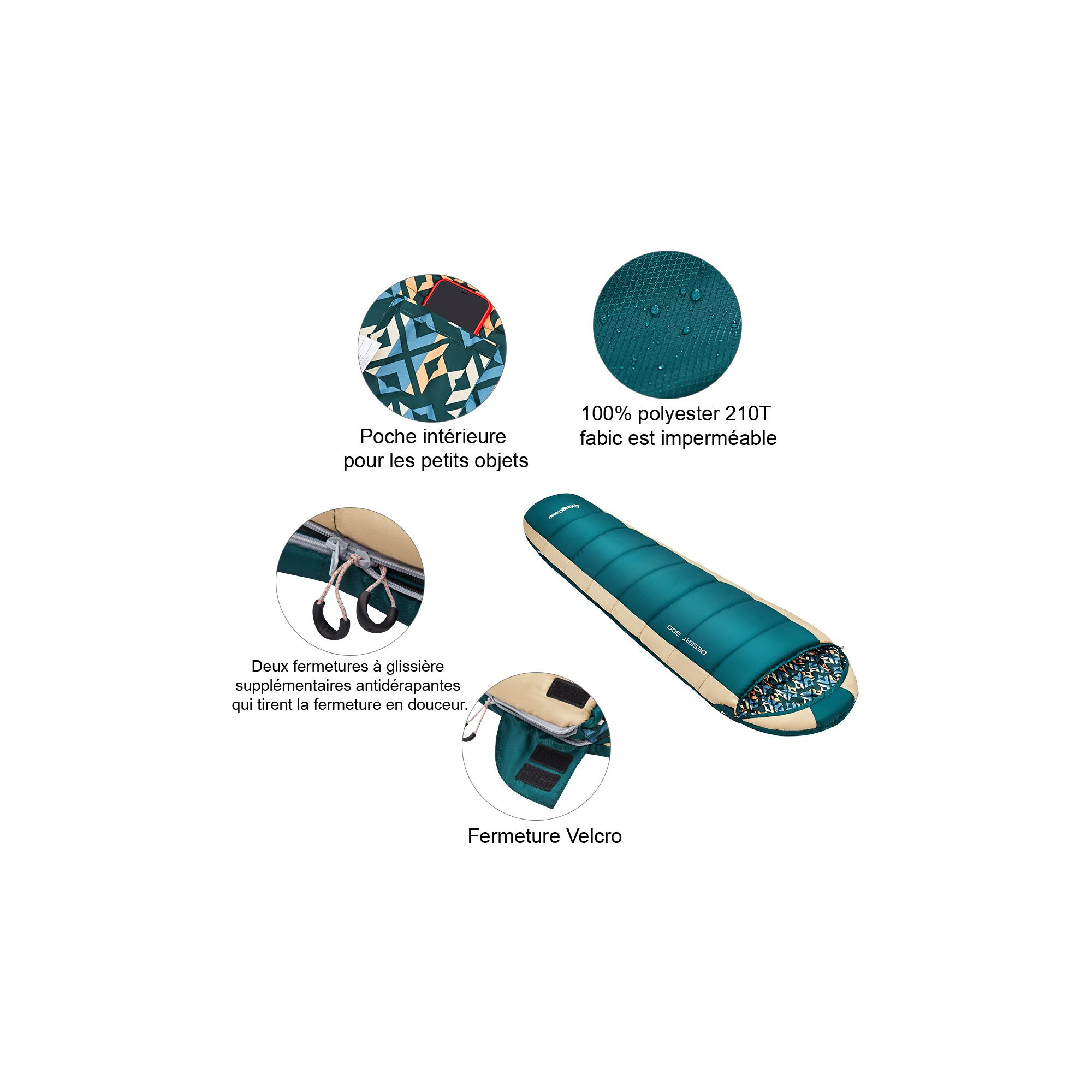 Sac de couchage forme momie Desert - Kingcamp - Vert - 215 x 55 cm