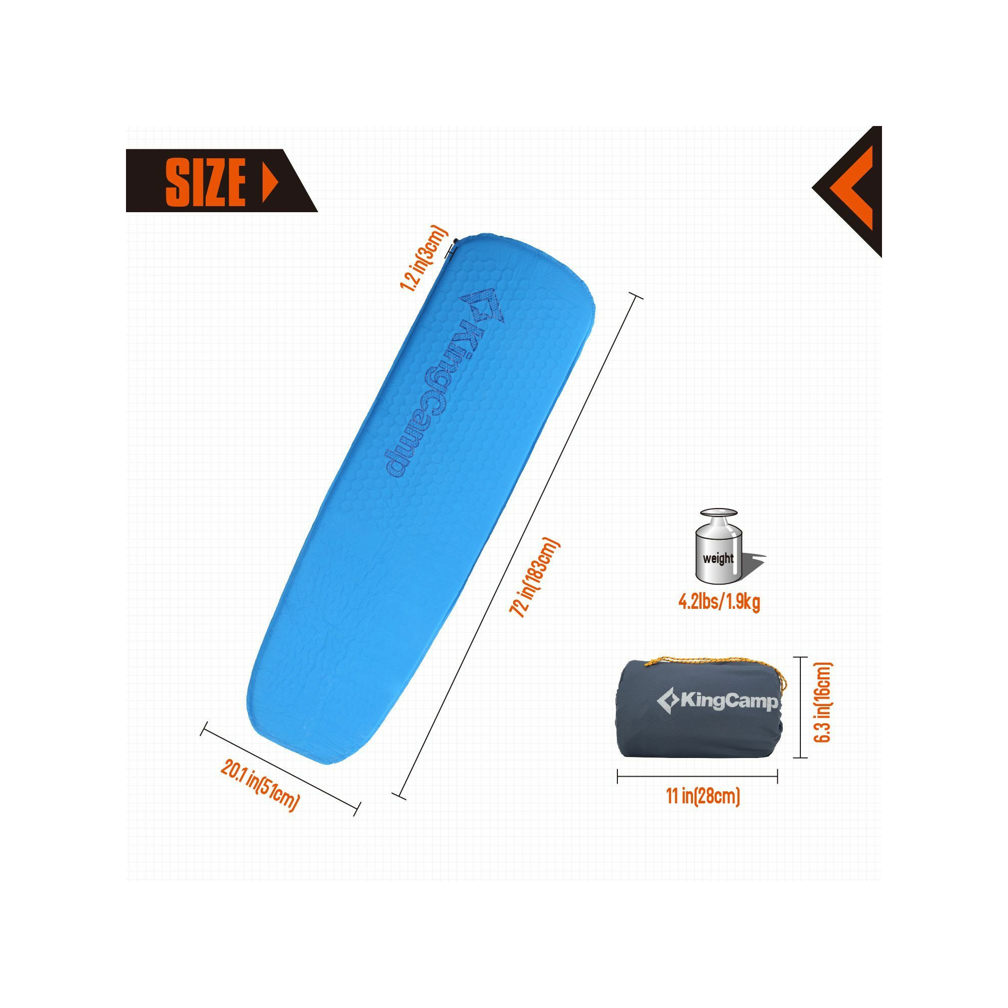 Tapis de camping autogonflant - Kingcamp - Bleu - 183 x 51 cm