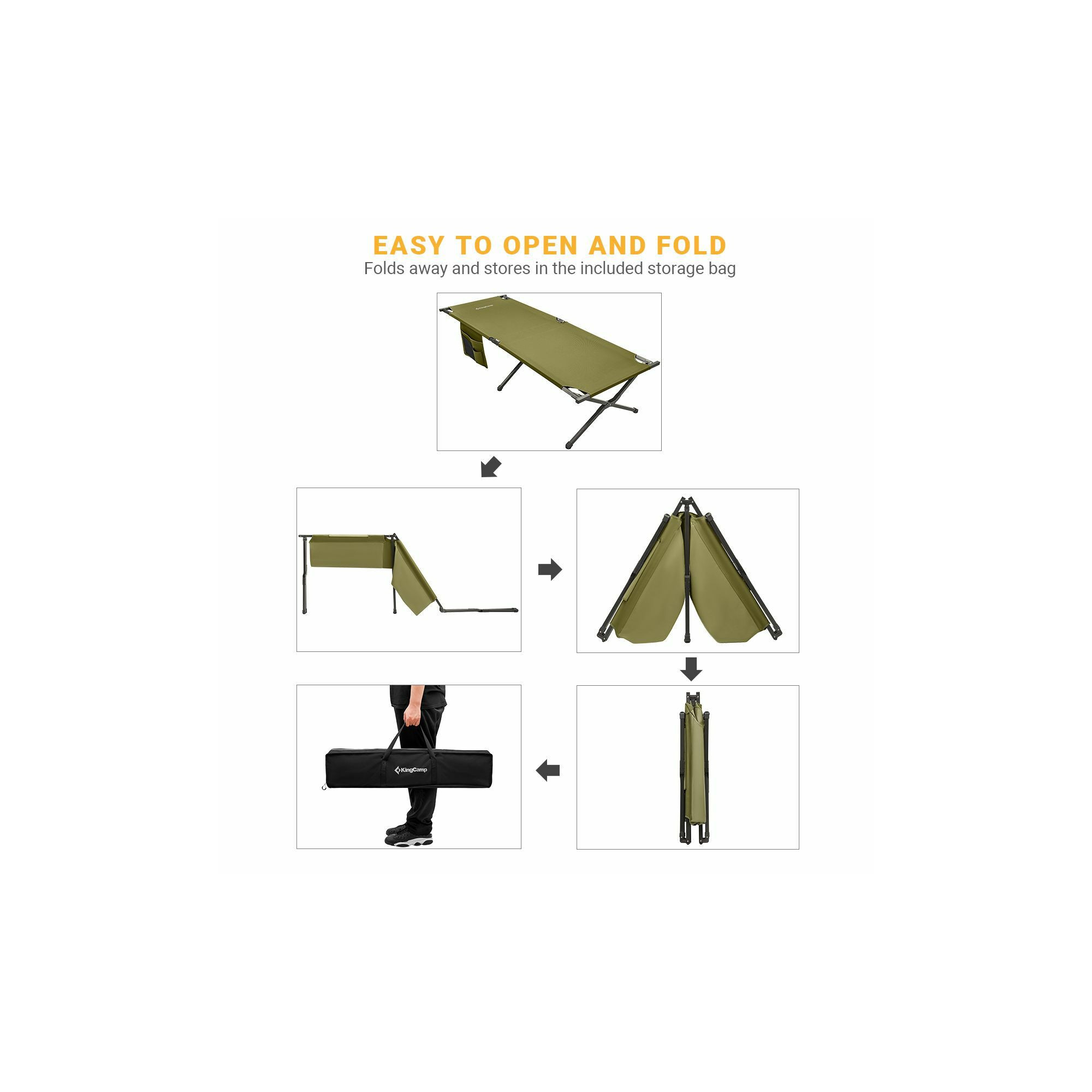 Lit de camp - Kingcamp - Vert - Sac de transport inclus - 205 x 75 x 46 cm