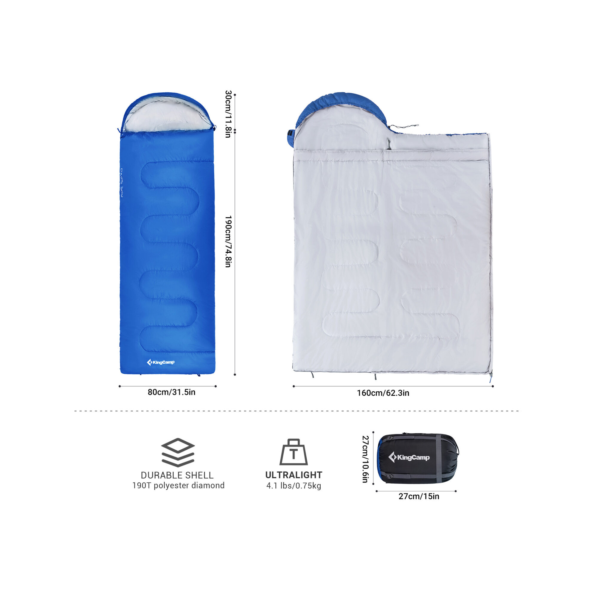 Sac de couchage - Kingcamp - Modèle Oasis 300 - Bleu - 190 x 75 cm