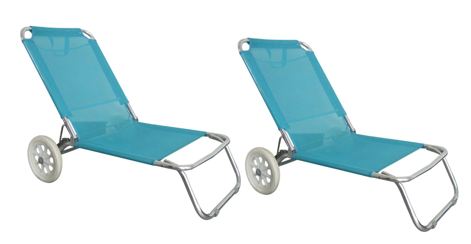 Lot de 2 chaises de plage pliables - O'Beach - Avec roulettes - Dimensions : 124 x 64 x 82 cm