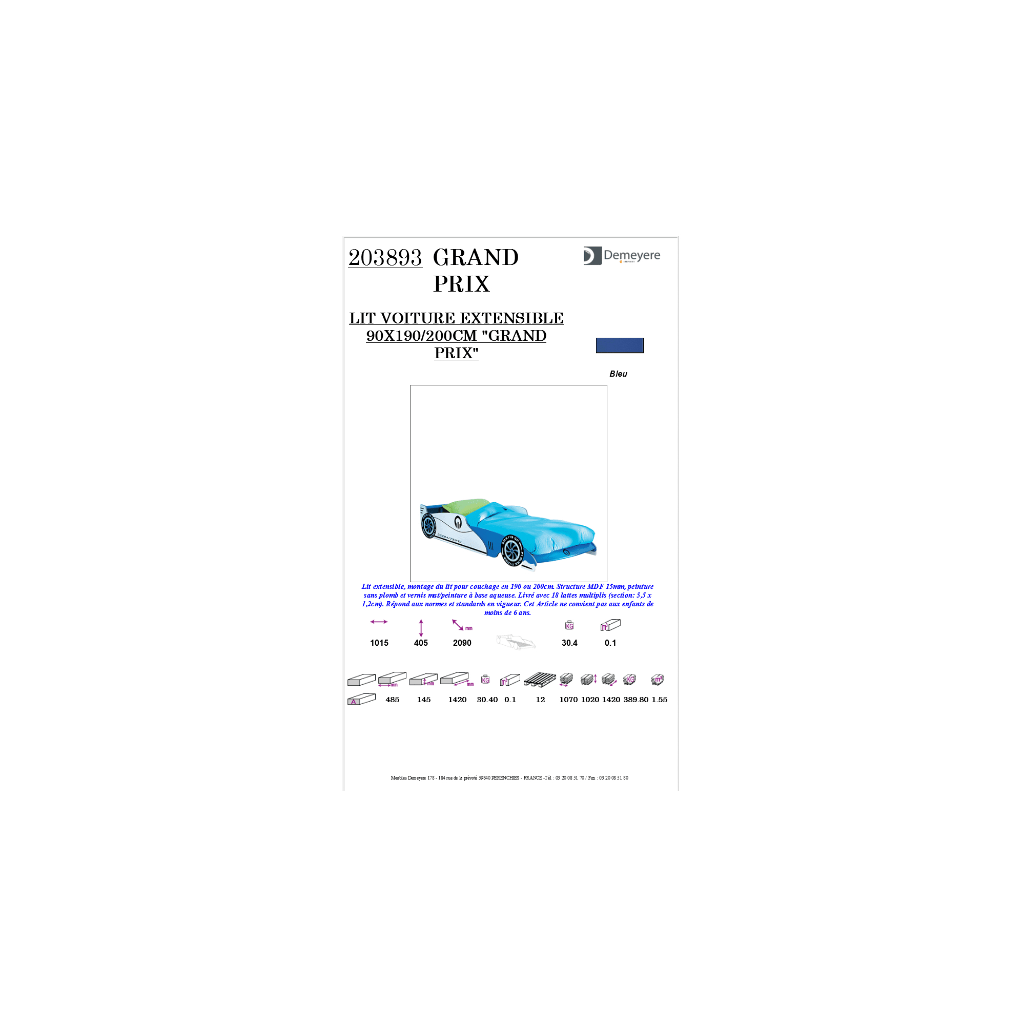 Lit voiture extensible GRAND PRIX 90x190/200 cm