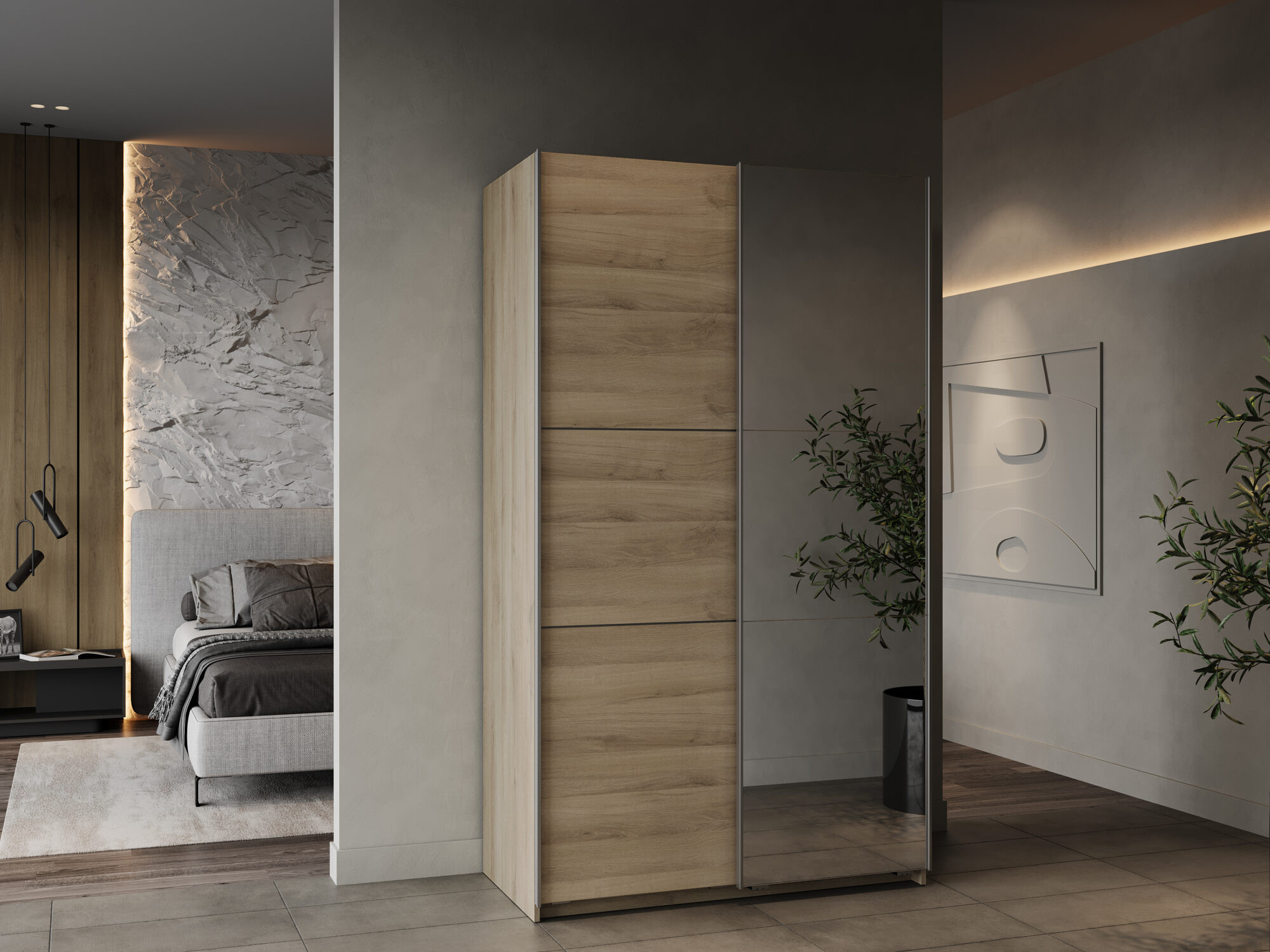 Armoire 2 portes coulissantes avec miroir - GHOST - Chêne - 116,5 x 59,8 x 203 cm - DEMEYERE