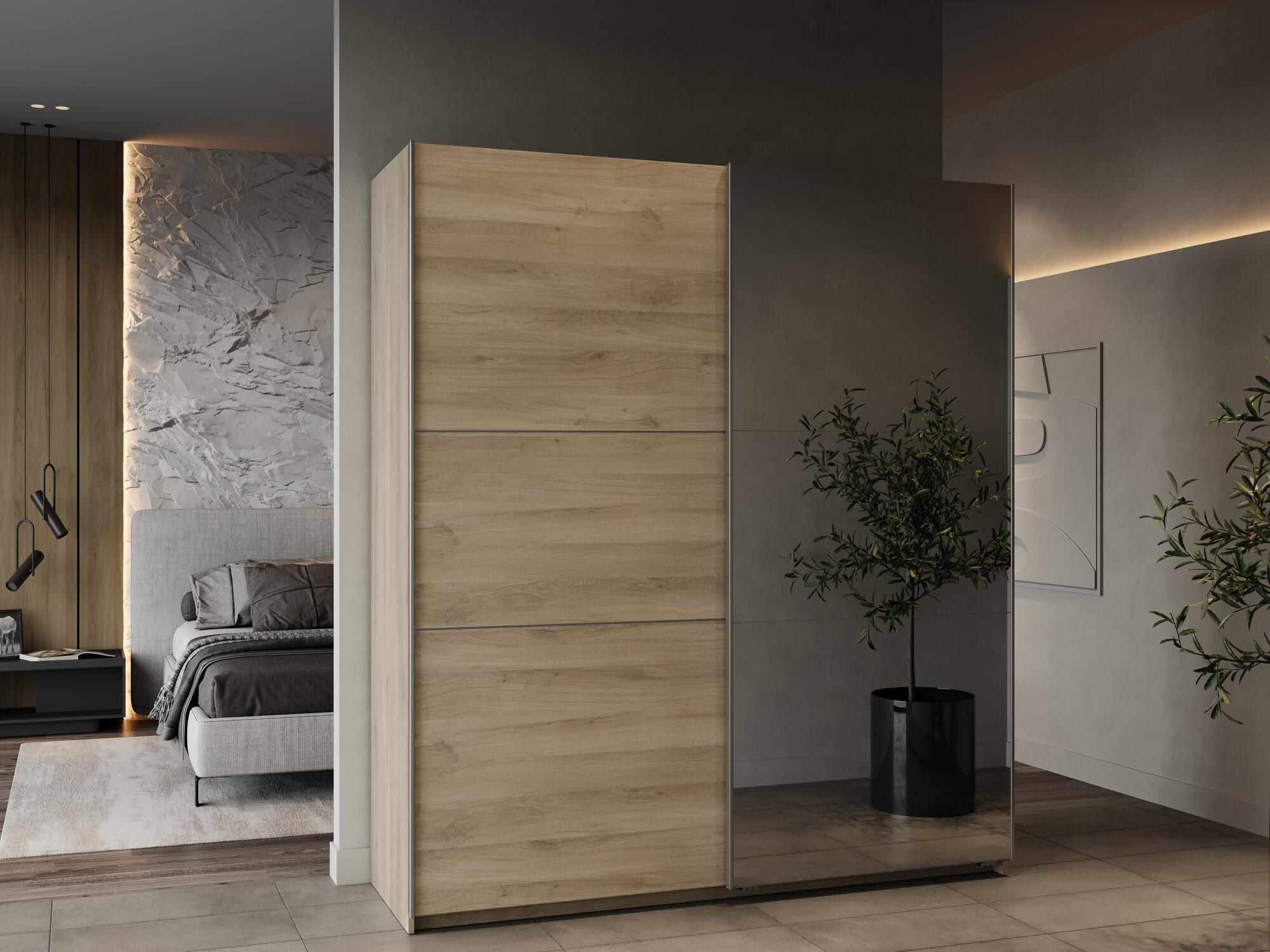 Armoire 2 portes coulissantes avec miroir - GHOST - Chêne - 178,1 x 59,9 x 203 cm - DEMEYERE