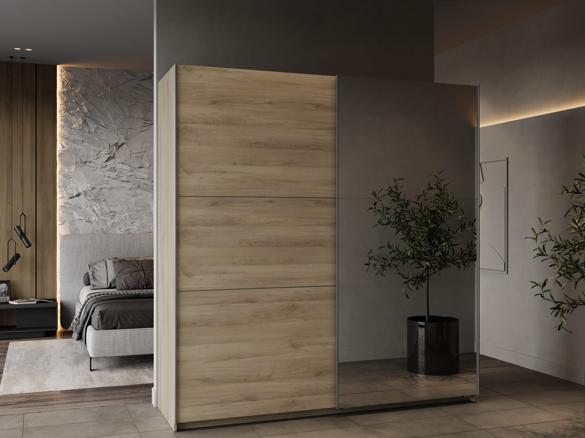 Armoire 2 portes coulissantes avec miroir - GHOST - Chêne - 194,5 x 59,9 x 203 cm - DEMEYERE