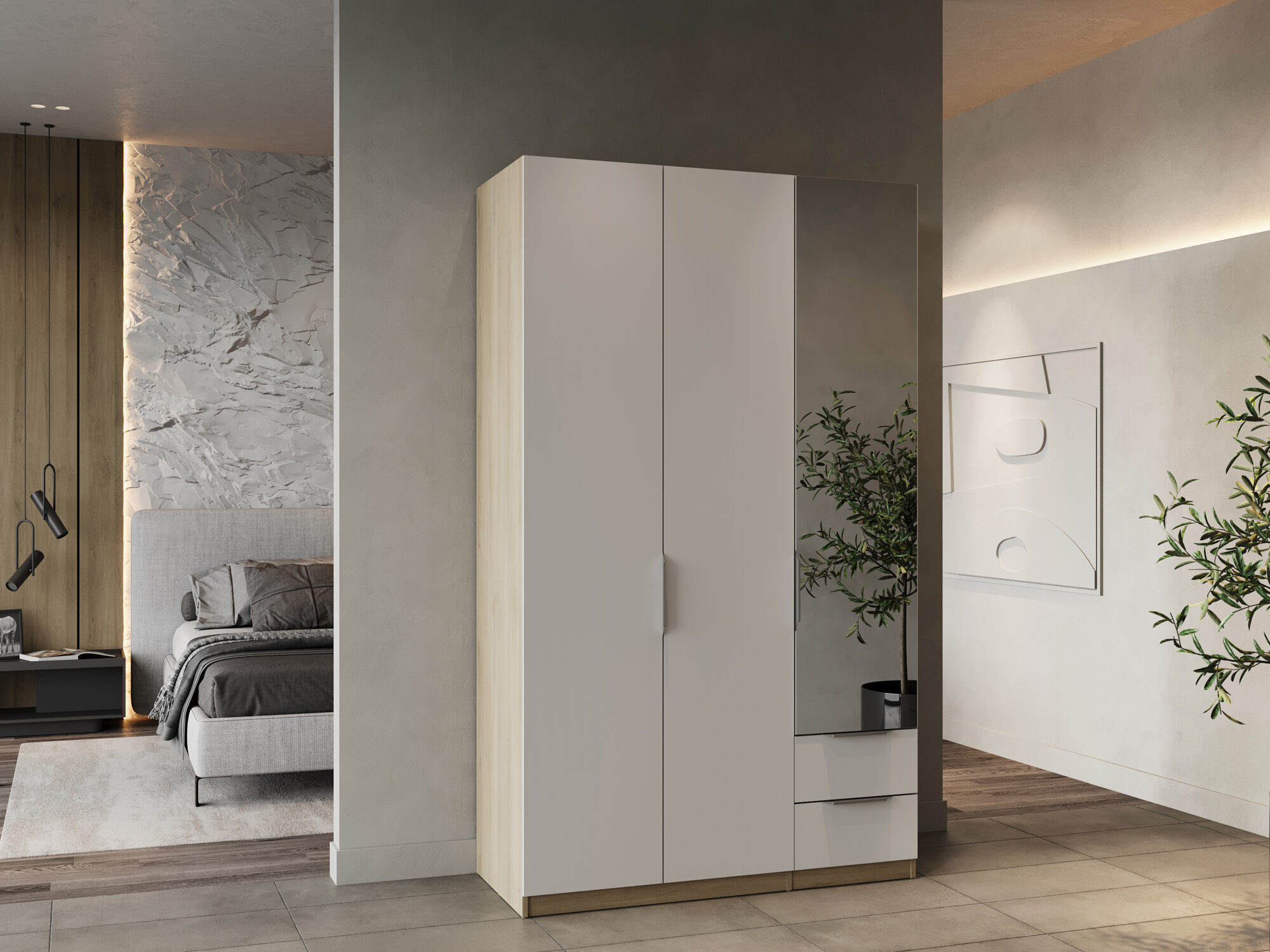 Armoire 3 portes avec miroir - GHOST - Blanc et Chêne - 119,4 x 51,1 x 203cm - DEMEYERE