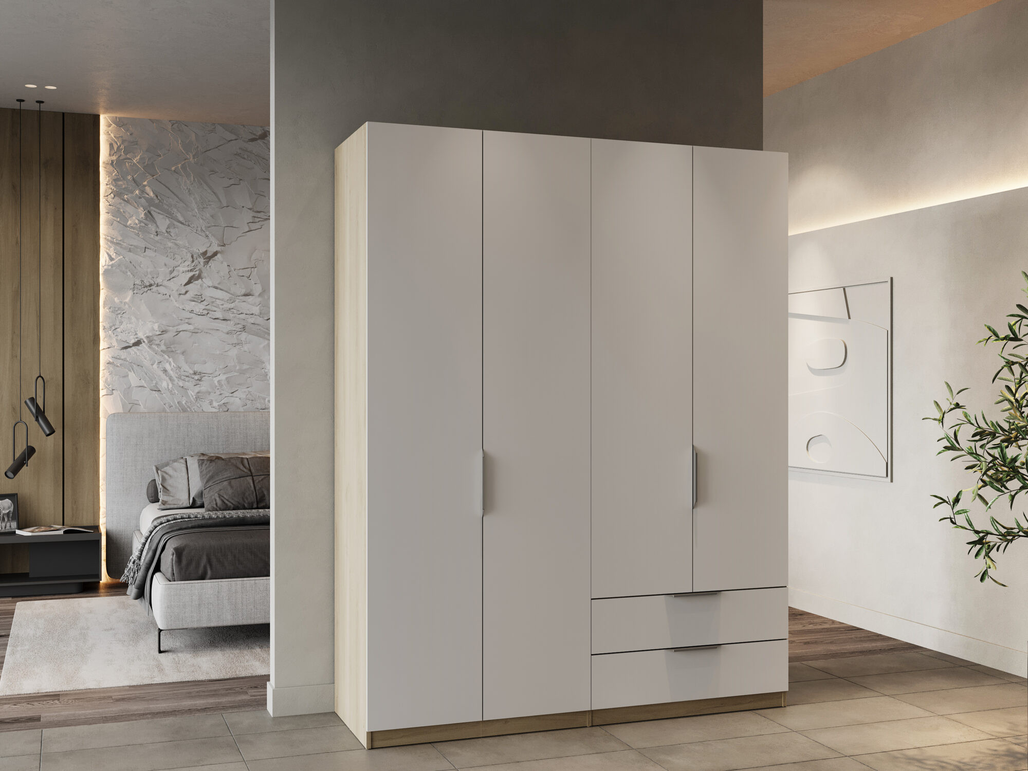 Armoire 4 portes - GHOST - Blanc et Chêne - 157,3 x 51,1 x 203 cm - DEMEYERE