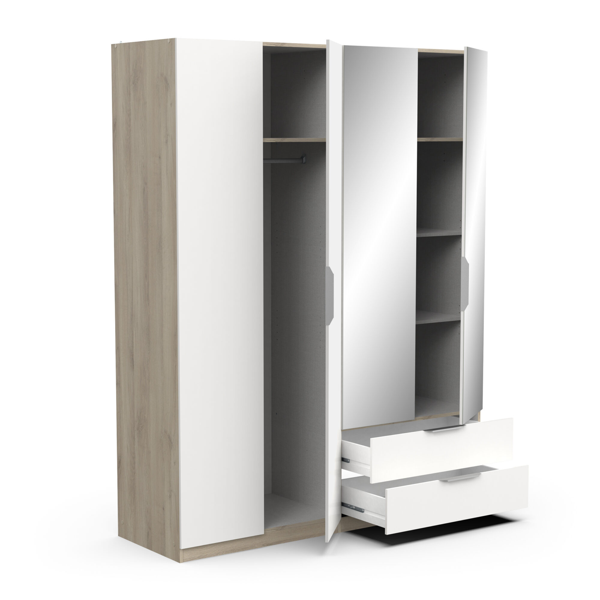 Armoire 4 portes avec miroir - GHOST - Blanc et Chêne - 157,3 x 51,1 x 203 cm - DEMEYERE
