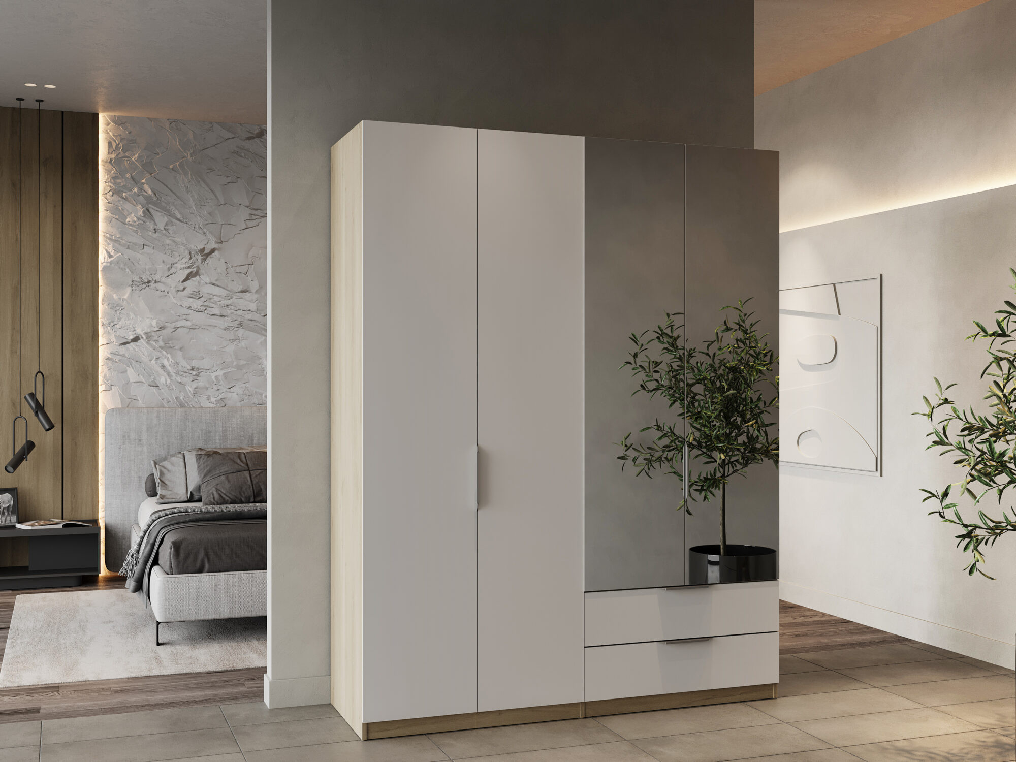 Armoire 4 portes avec miroir - GHOST - Blanc et Chêne - 157,3 x 51,1 x 203 cm - DEMEYERE