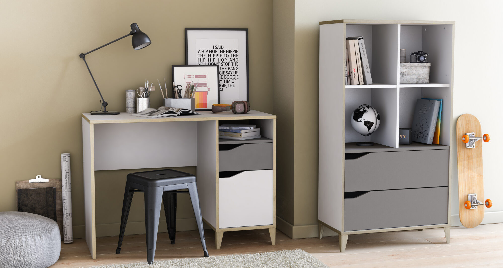 Bibliothèque 2 tiroirs - GENIUS - Blanc et Gris - 70,2 x 35 x 130,3 cm - DEMEYERE