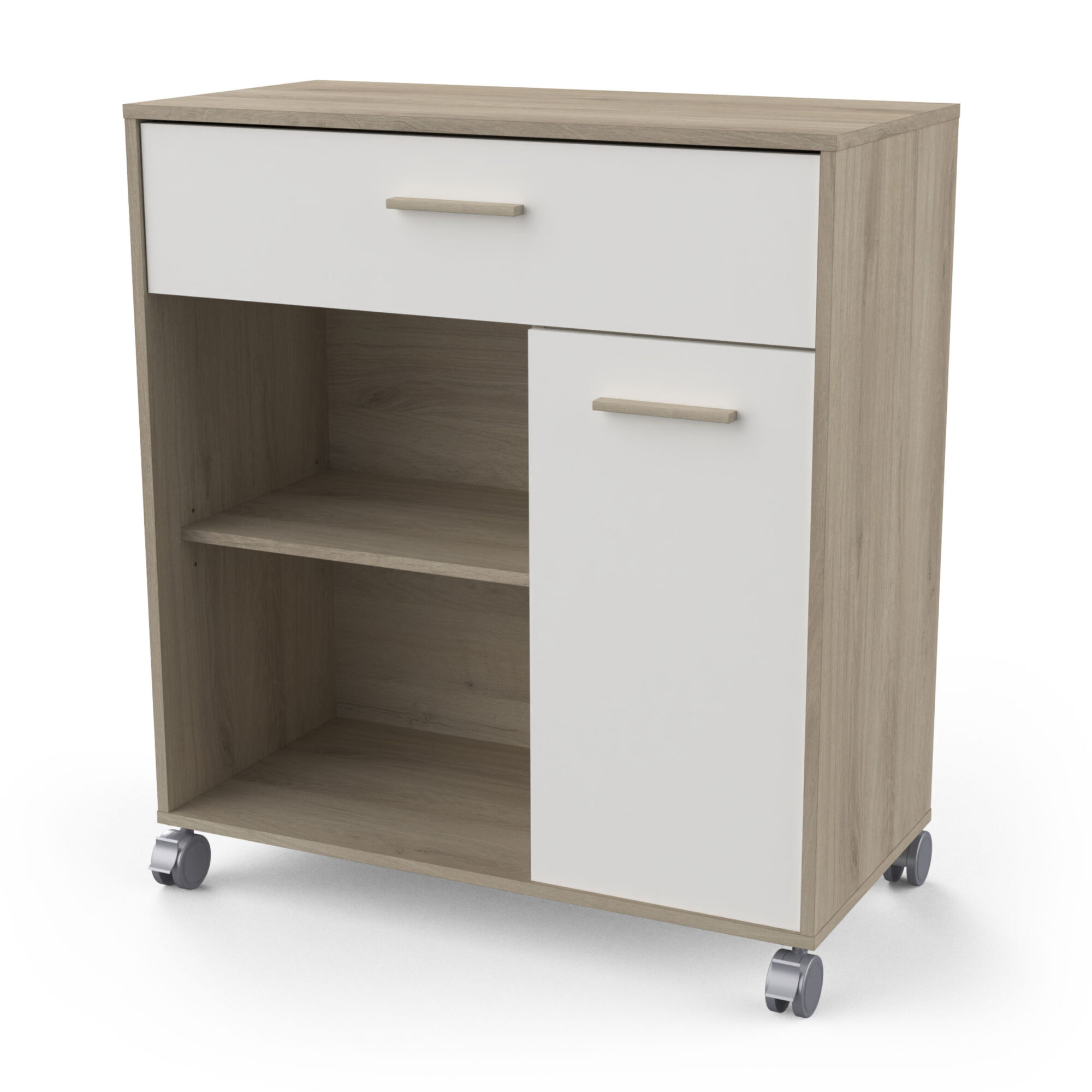 Desserte micro-onde 1 tiroir - MINT - Blanc et Chêne - 81 x 39,6 x 90,3 cm - DEMEYERE