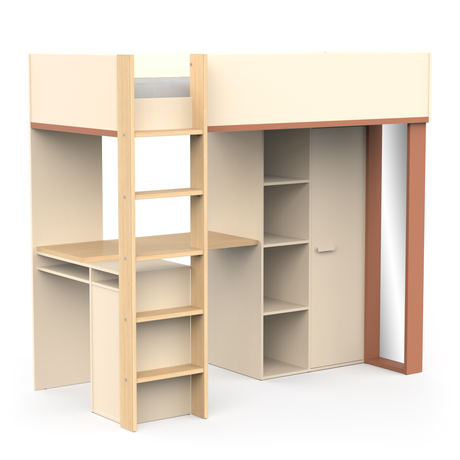 Mezzanine bed met bureau en spiegel - DEMEYERE - Model CAMILLIA - Beige - 104,1 x 205,9 x 183 cm