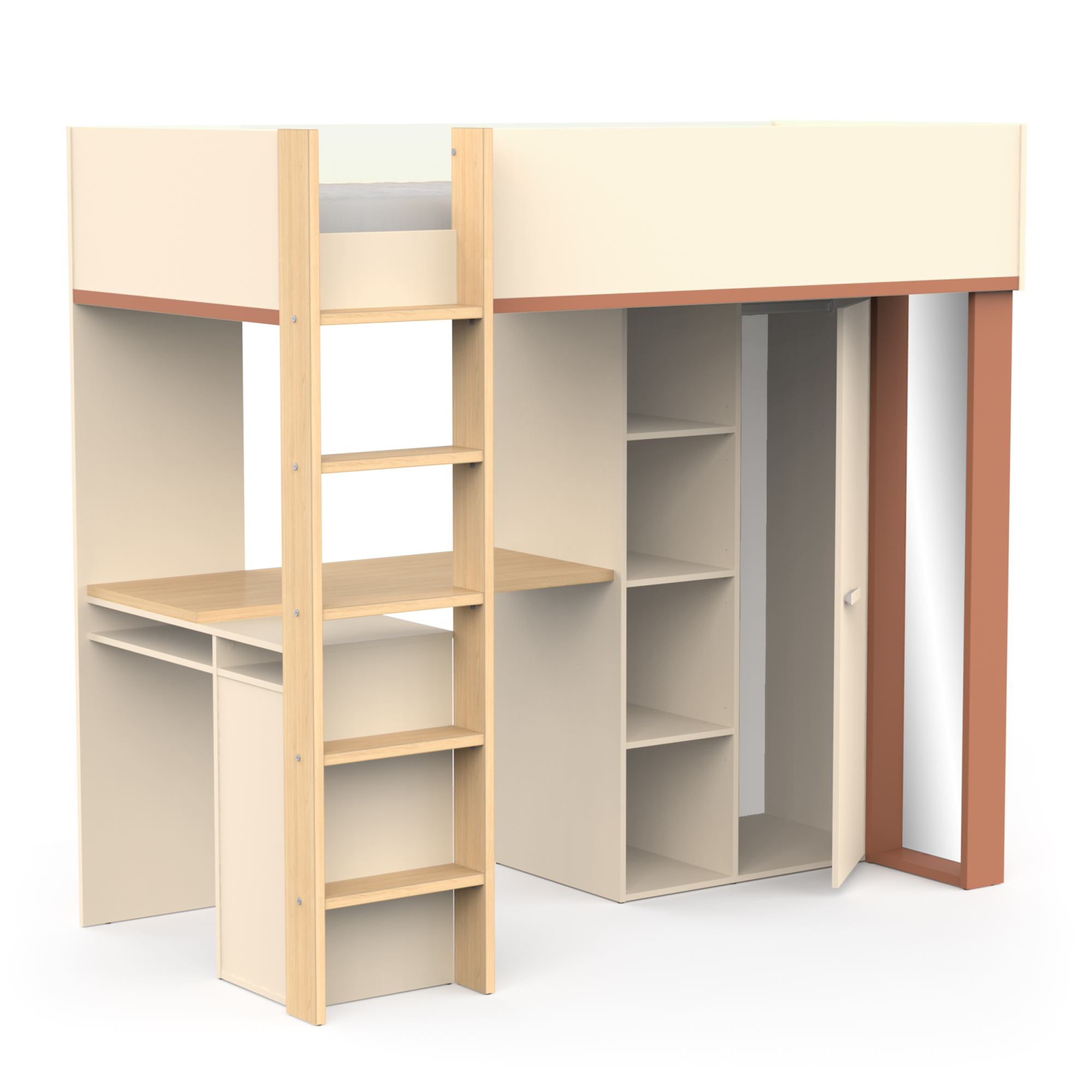 Mezzanine bed with desk and mirror - DEMEYERE - Model CAMILLIA - Beige - 104.1 x 205.9 x 183 cm