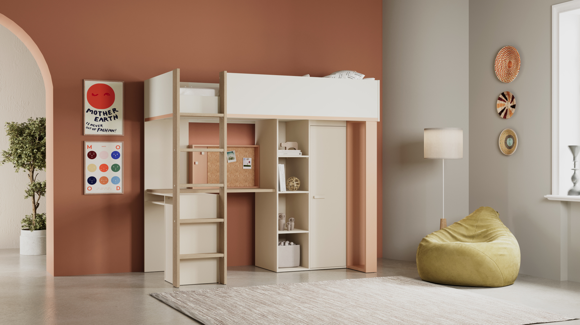 Mezzanine bed with desk and mirror - DEMEYERE - Model CAMILLIA - Beige - 104.1 x 205.9 x 183 cm