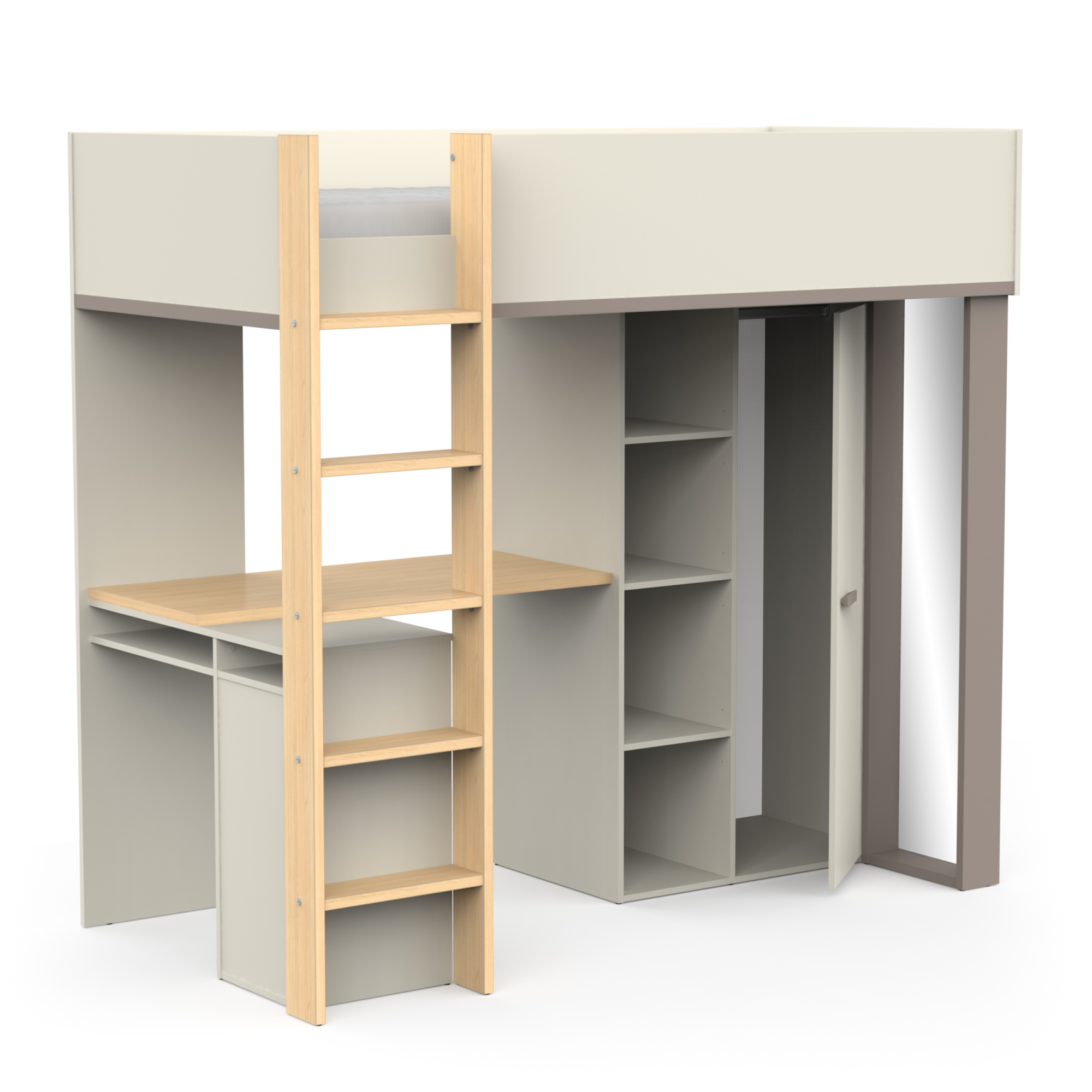 Mezzanine bed met bureau en spiegel - DEMEYERE - Model CAMILLIA - Grijs - 104,1 x 205,9 x 183 cm