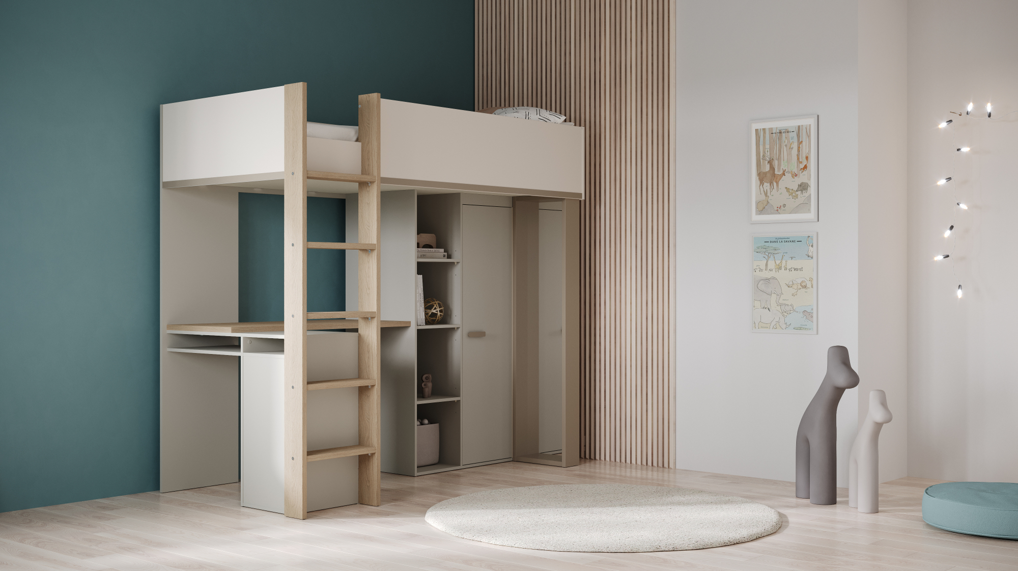 Mezzanine bed met bureau en spiegel - DEMEYERE - Model CAMILLIA - Grijs - 104,1 x 205,9 x 183 cm