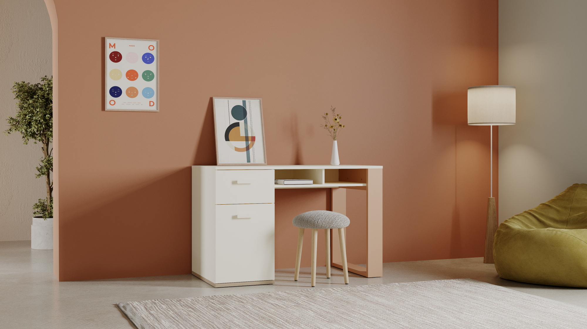 Bureau 1 porte 1 tiroir 2 niches - DEMEYERE - Modèle CAMILLIA - Beige - 120 x 59,8 x 76,5 cm