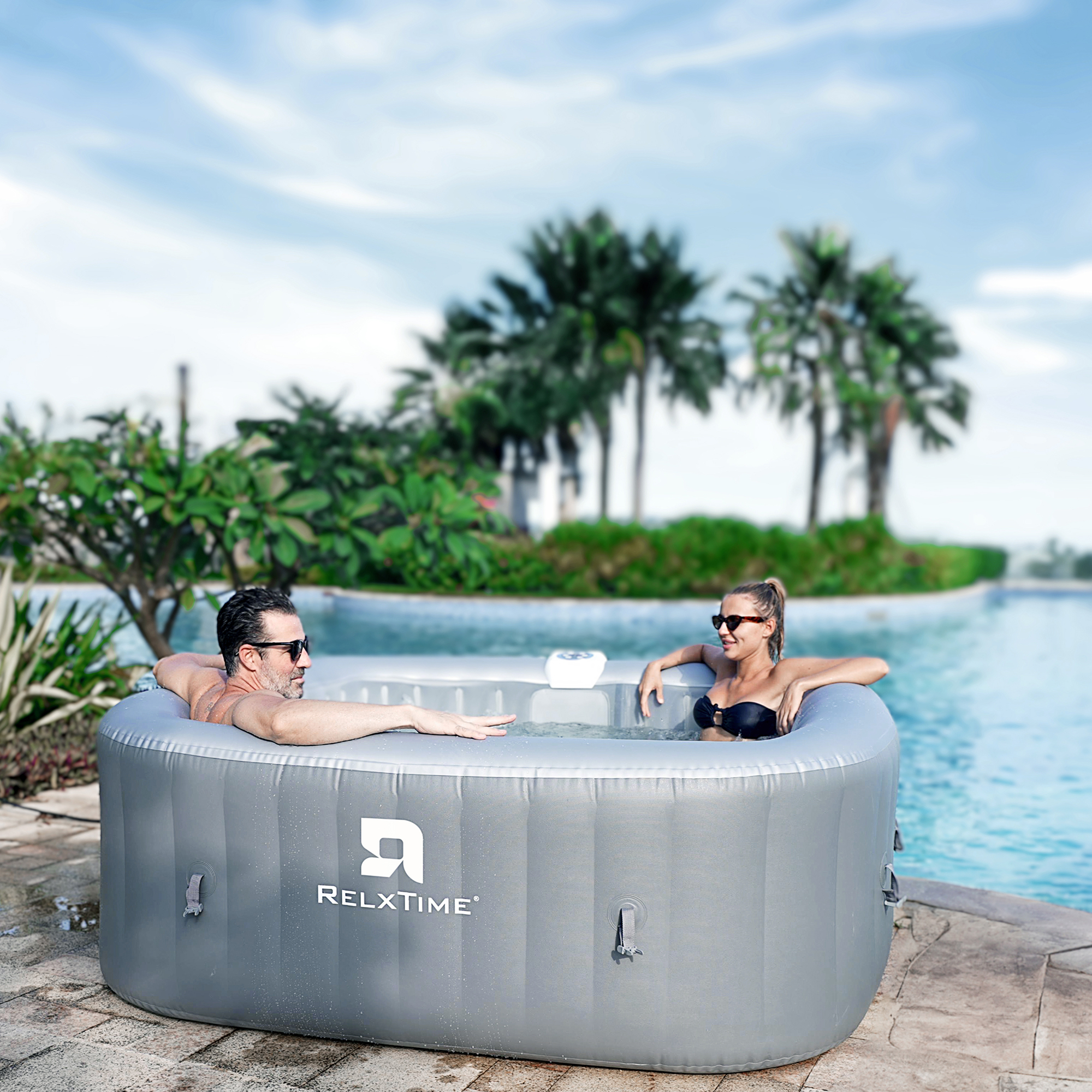 Spa gonflable 6 places carré - RELXTIME - 130 Jets - Gris - Filtre et bâche inclus