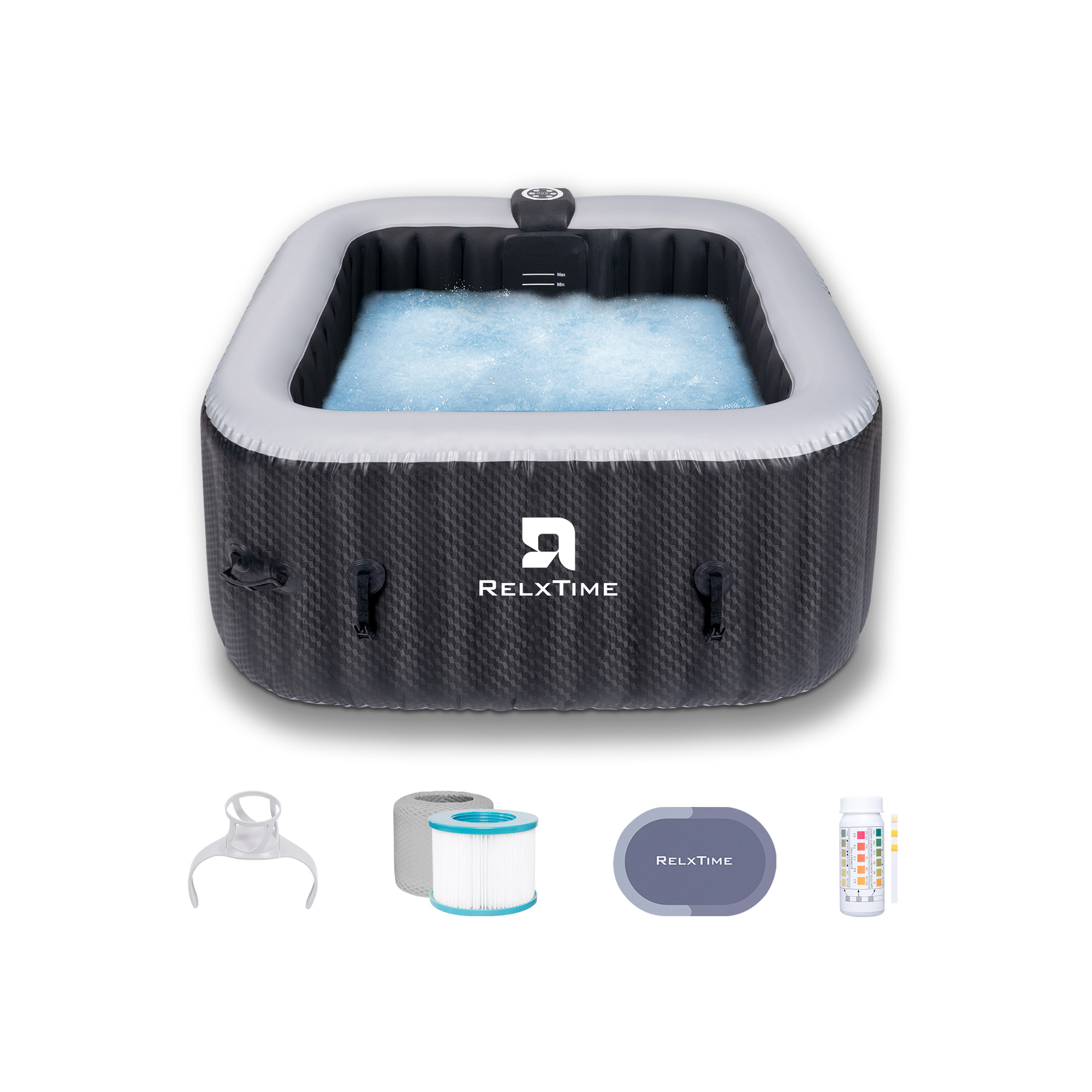 Spa gonflable 4 places carré - RELXTIME - 110 Jets - Noir - Filtre et bâche inclus