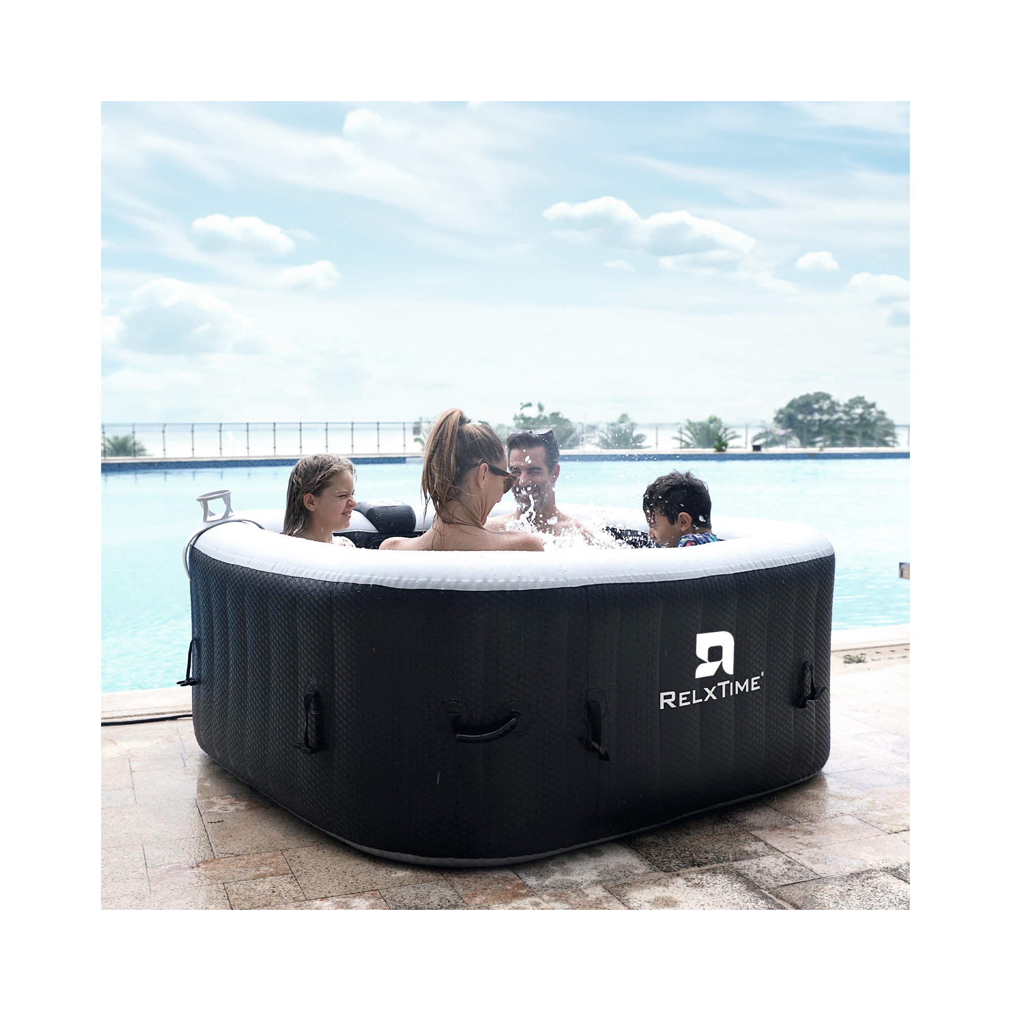 Spa gonflable 4 places carré - RELXTIME - 110 Jets - Noir - Filtre et bâche inclus