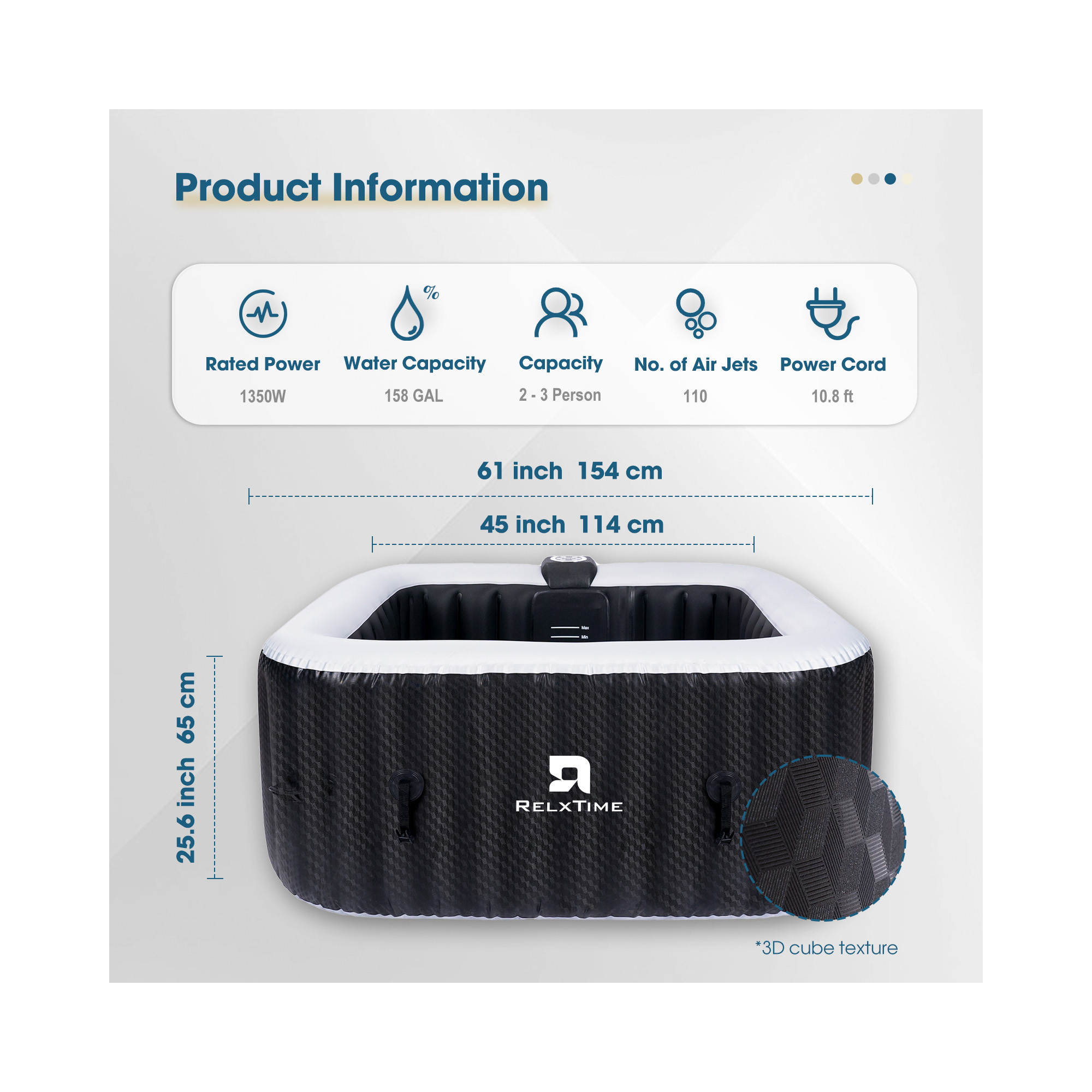 Spa gonflable 4 places carré - RELXTIME - 110 Jets - Noir - Filtre et bâche inclus