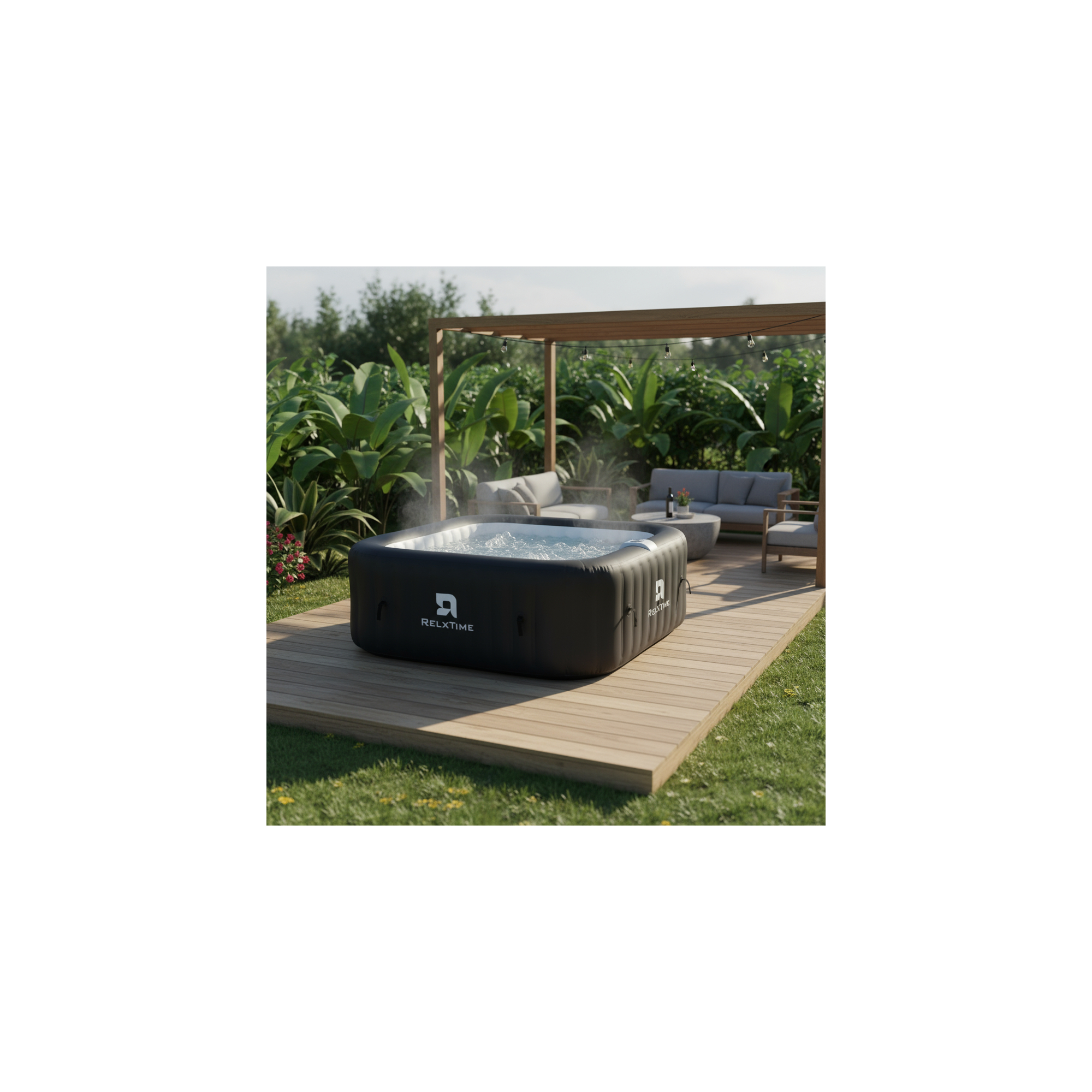 Spa gonflable 6 places carré - RELXTIME - 130 Jets - Noir - Filtre et bâche inclus