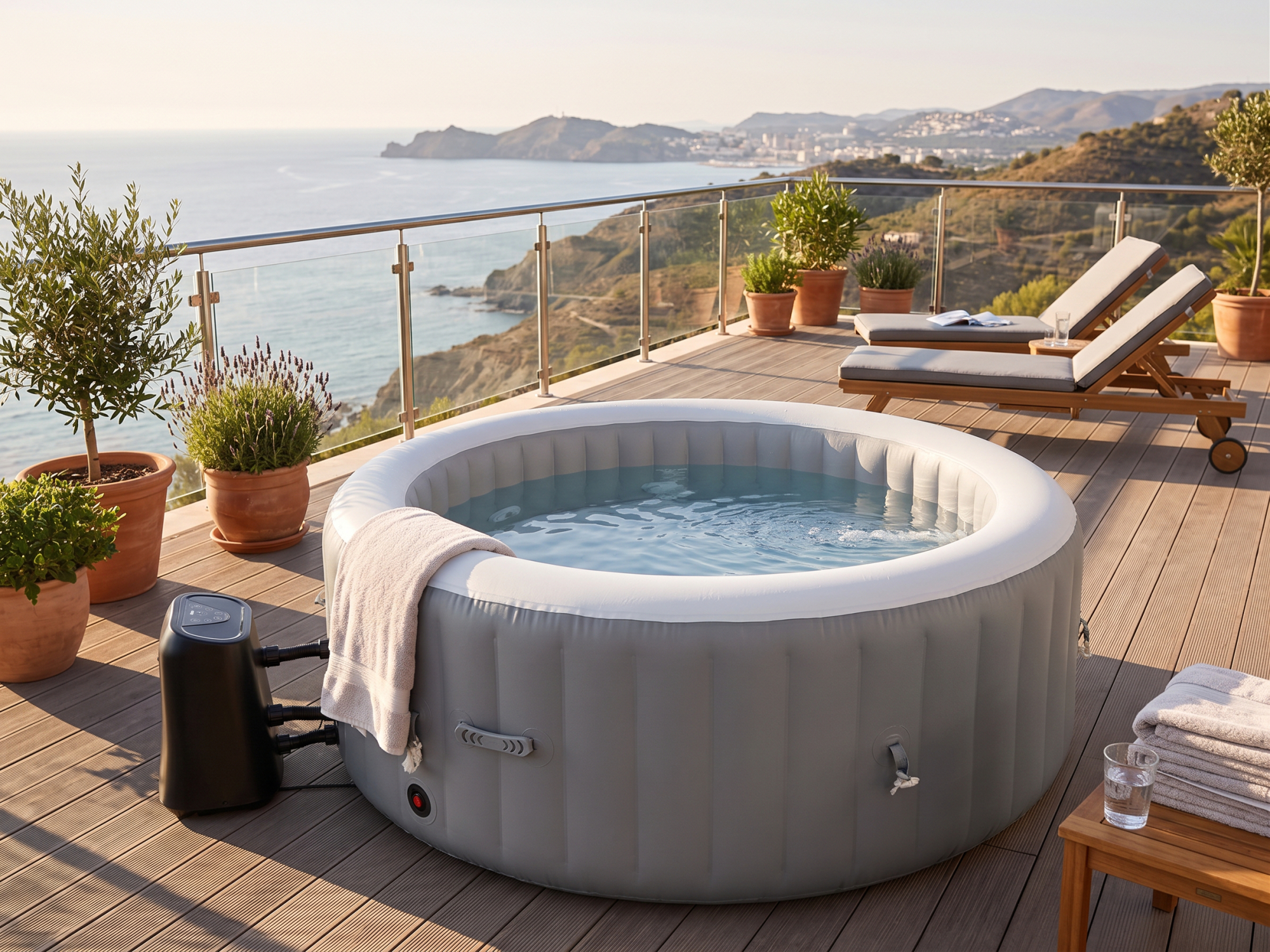 Spa gonflable 4 places - Forme ronde - Beneo - Filtre et bâche inclus - Gris