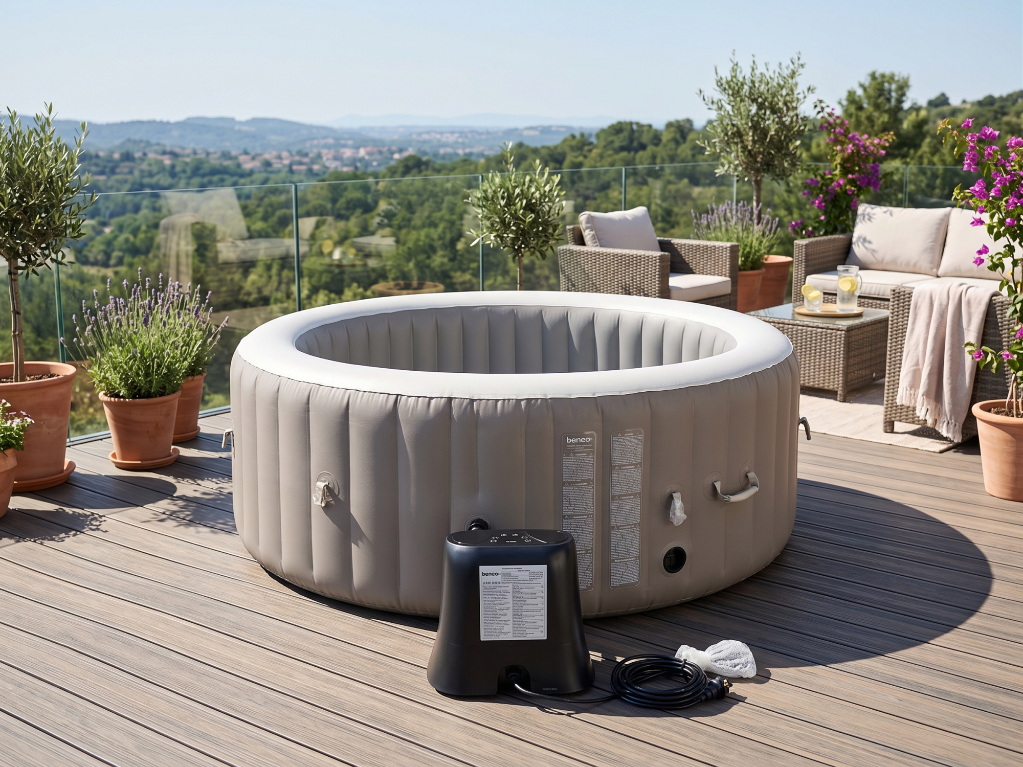 Spa gonflable 4 places - Forme ronde - Beneo - Filtre et bâche inclus - Gris