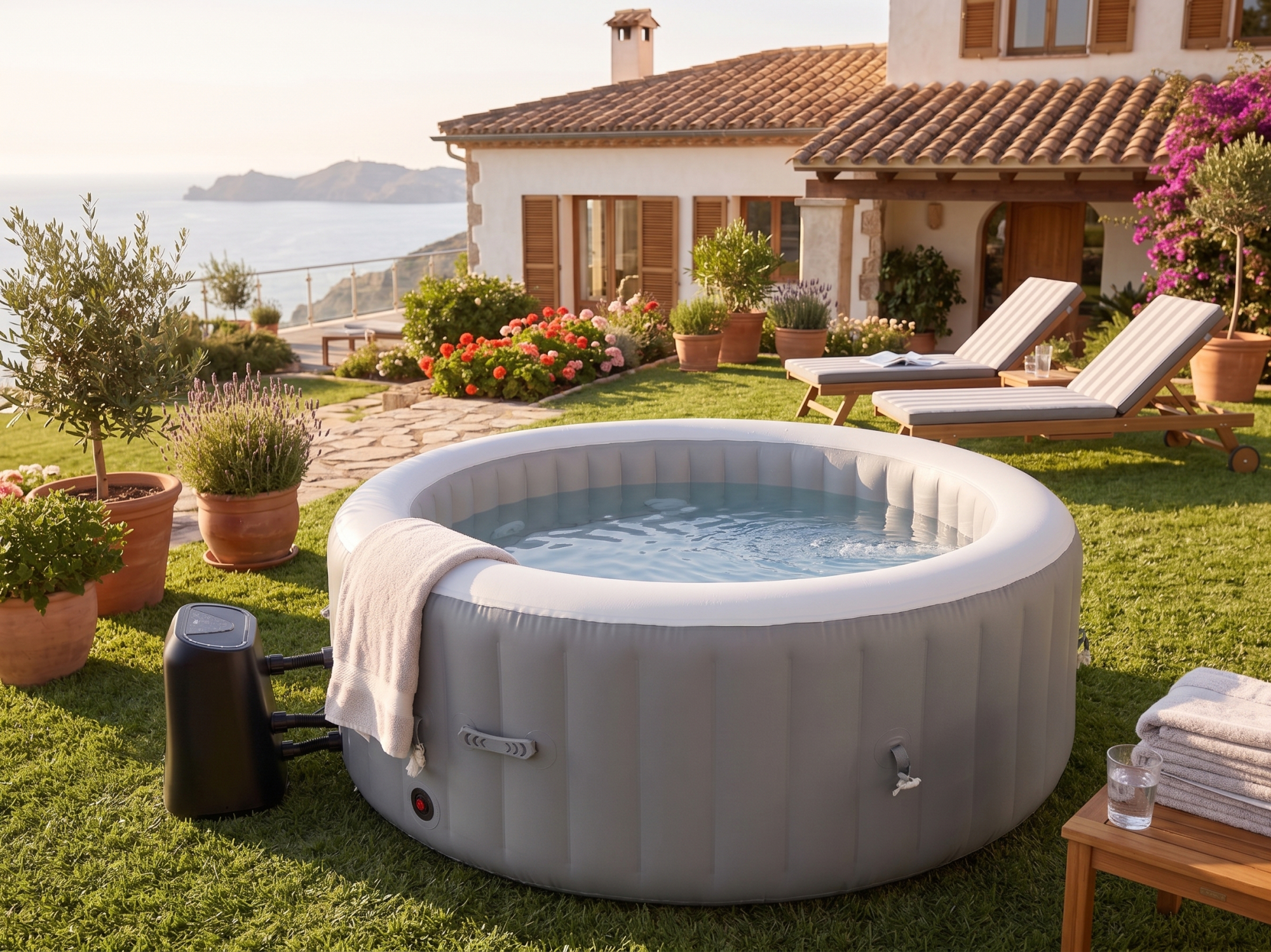 Spa gonflable 4 places - Forme ronde - Beneo - Filtre et bâche inclus - Gris